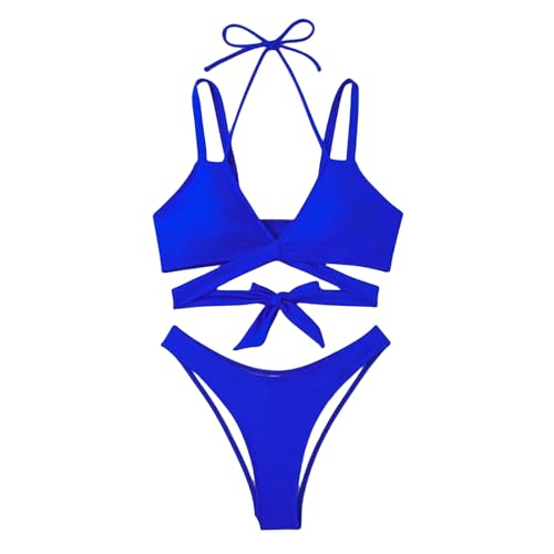 CHJING Badeanzug Damen Frauenbandbindungen Bikini Set Female Massive Badeanzug 2 Stücke Anzug-Blau-L von CHJING
