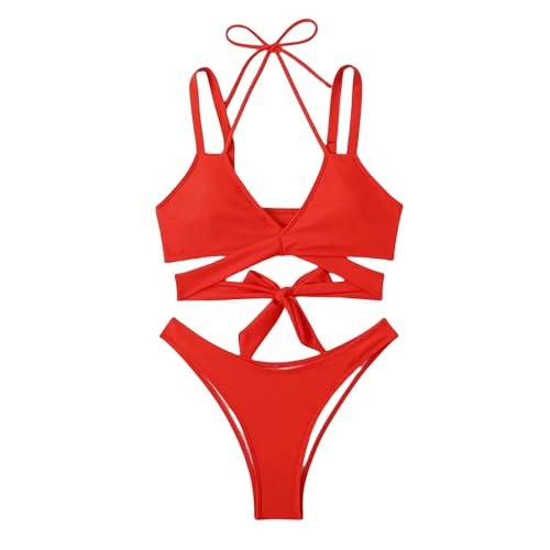 CHJING Badeanzug Damen Frauenbandbindungen Bikini Set Female Massive Badeanzug 2 Stücke Anzug-Rot-L von CHJING