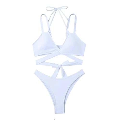 CHJING Badeanzug Damen Frauenbandbindungen Bikini Set Female Massive Badeanzug 2 Stücke Anzug-Weiß-L von CHJING