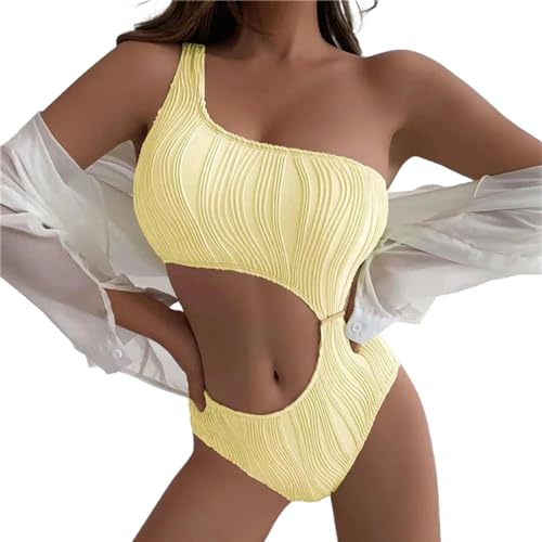 CHJING Badeanzug Damen Solide Einteilige Bikini Frauen Einzelne Schulter Hollow Out Badeanzug Mädchen Beachwear Hohe Taille Badeanzug-gelb-XL von CHJING