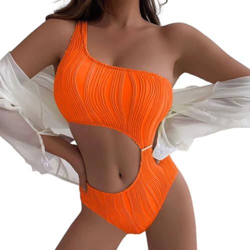 CHJING Badeanzug Damen Solide Einteilige Bikini Frauen Einzelne Schulter Hollow Out Badeanzug Mädchen Beachwear Hohe Taille Badeanzug-orange-l von CHJING