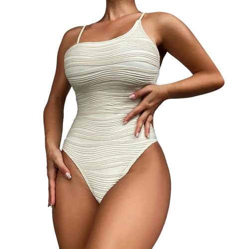 CHJING Bikini Frauen EIN Stück Badeanzüge One Schulter Badebekleidung Ruch Bauchkontrolle Monokini Badeanzüge-beige-XL von CHJING