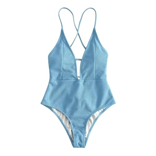 CHJING Bikini Solide Badebekleidung Frauen EIN Stück Badeanzug Rückenfreier Hochtaille Badeanzug Strandanzug Monokini-blau-XL von CHJING