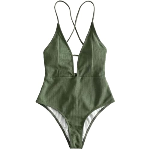 CHJING Bikini Solide Badebekleidung Frauen EIN Stück Badeanzug Rückenfreier Hochtaille Badeanzug Strandanzug Monokini-grün-XL von CHJING