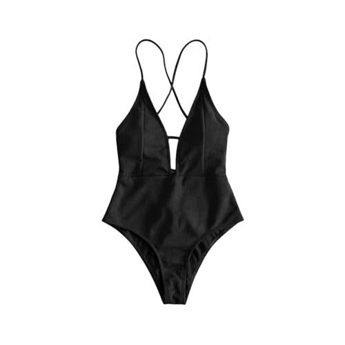CHJING Bikini Solide Badebekleidung Frauen EIN Stück Badeanzug Rückenfreier Hochtaille Badeanzug Strandanzug Monokini-schwarz-XL von CHJING