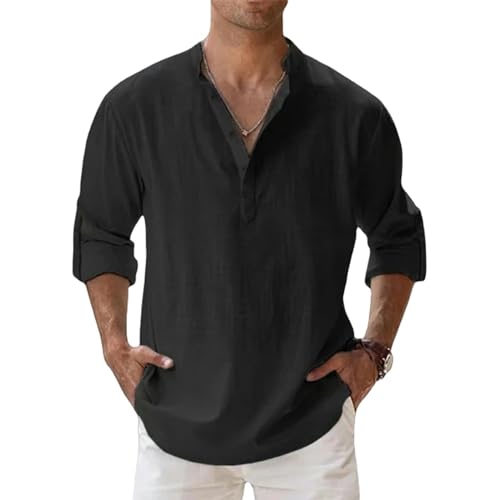 CHQS T Shirt Herren Herren Baumwoll -t -Shirts Leinen Lässige Langarm -Hemd -Hemd -Hemd -Hemdkragen Tops-schwarz-Asian XXL (65-80 Kg) von CHQS