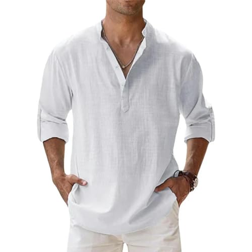 CHQS T Shirt Herren Herren Baumwoll -t -Shirts Leinen Lässige Langarm -Hemd -Hemd -Hemd -Hemdkragen Tops-weiß-Asian XXXL (70-85 Kg) von CHQS