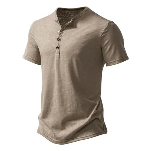 CHQS T Shirt Herren Herren T-Shirt Polyester Atmungsaktives Kurzärmeliges Hemd Sommer Casual Button Ausschnitt Pullover-Khaki-XL von CHQS