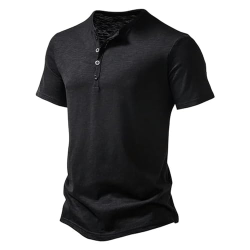 CHQS T Shirt Herren Herren T-Shirt Polyester Atmungsaktives Kurzärmeliges Hemd Sommer Casual Button Ausschnitt Pullover-schwarz-l von CHQS