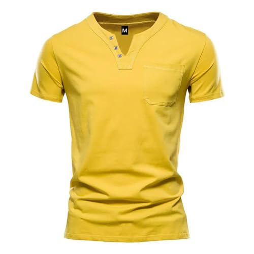 CHQS T Shirt Herren Männer T-Shirt-Taschen-Design V-Neck-Tops Man Casual Short Sleeve T-Shirt Mann Männlich-gelb-2xl von CHQS