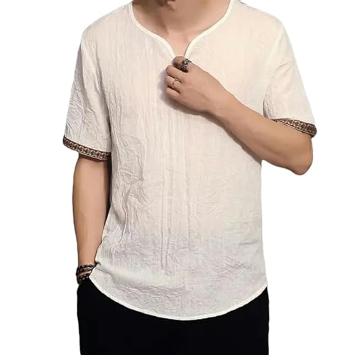 CHQS T Shirt Herren Männer T-Shirts Plus Size Leinen Rhombus Patchwork Kurzarm V Hals T-Shirt-weiß-XL von CHQS