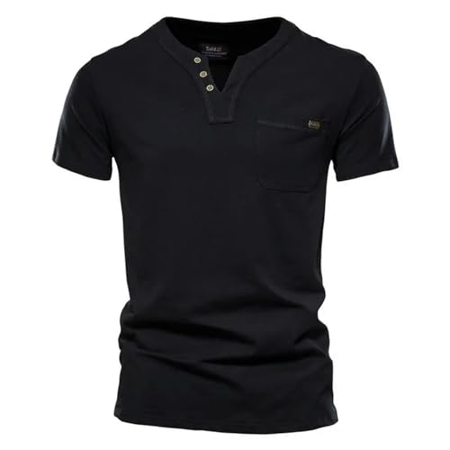 CHQS T Shirt Herren Sommer-Herren-Baumwoll-t-Shirt-Taschen-Design V-Ausschnitt-knopf Top Herren-Freizeit-t-Shirt-bk-s von CHQS