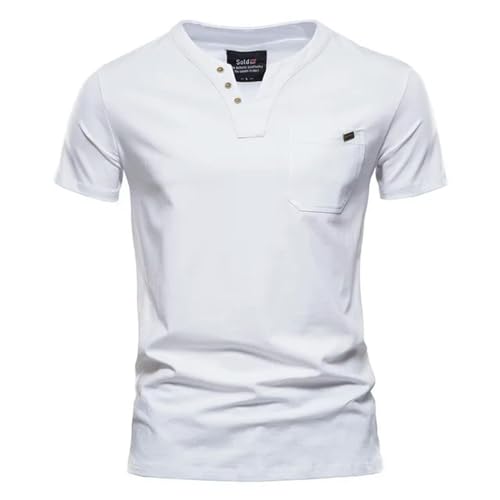 CHQS T Shirt Herren Sommer-Herren-Baumwoll-t-Shirt-Taschen-Design V-Ausschnitt-knopf Top Herren-Freizeit-t-Shirt-ql_a-m von CHQS