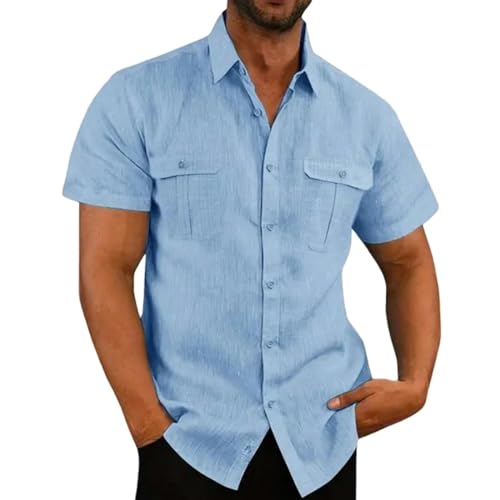 CHQS T Shirt Herren Sommer -Herren -Kurzarmhemd Hemd Leinen T -Shirt Strickjacken Lässig Losen Mann Hemd-blau-4xl von CHQS