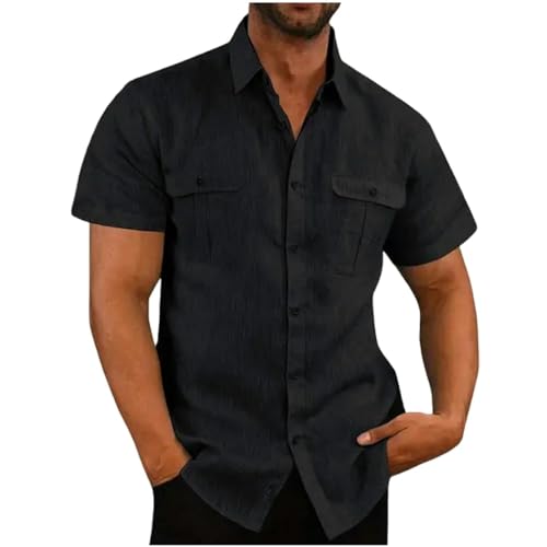 CHQS T Shirt Herren Sommer -Herren -Kurzarmhemd Hemd Leinen T -Shirt Strickjacken Lässig Losen Mann Hemd-schwarz-4xl von CHQS