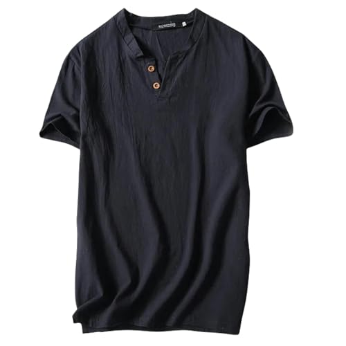 CHQS T Shirt Herren Sommer-Herren-Retro-baumwollwäsche Kurzarm T-Shirt Dünne V-Ausschnitt Slim Pullover T-Shirts-schwarz-XXL von CHQS
