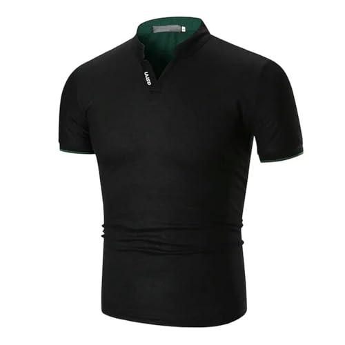 CHQS T Shirt Herren Sommer T-Shirt Top Männer Casual V Hals Stand Collar Kurzarm Business T-Shirts Männer Slim T Shirt-schwarz-XL von CHQS