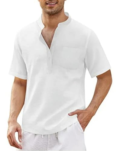 CHQS T Shirt Herren Summer Herren-kurzärmeligte T-Shirt-Baumwolle Und Leinen-Freizeit-männer-t-Shirt-Shirt-Weiss-us 3XL 100-110 Kg von CHQS