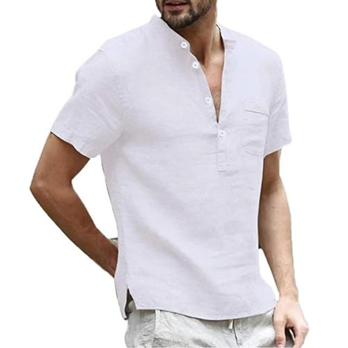 CHQS T Shirt Herren Summer Herren-kurzärmeligte T-Shirt-Baumwolle Und Leinen-Freizeit-männer-t-Shirt-Shirt-Weiss-us XL 80-90 Kg von CHQS