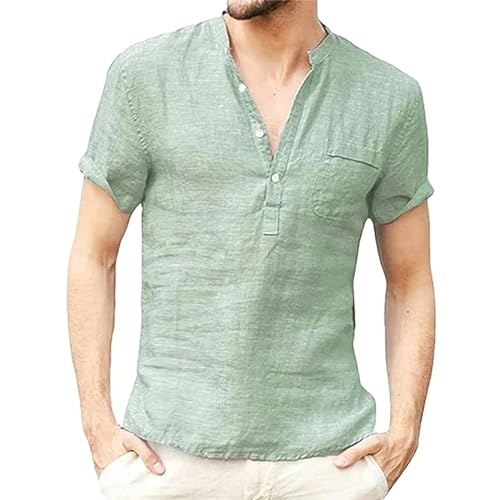 CHQS T Shirt Herren Summer Herren-kurzärmeligte T-Shirt-Baumwolle Und Leinen-Freizeit-männer-t-Shirt-Shirt-grün-us 3XL 100-110 Kg von CHQS