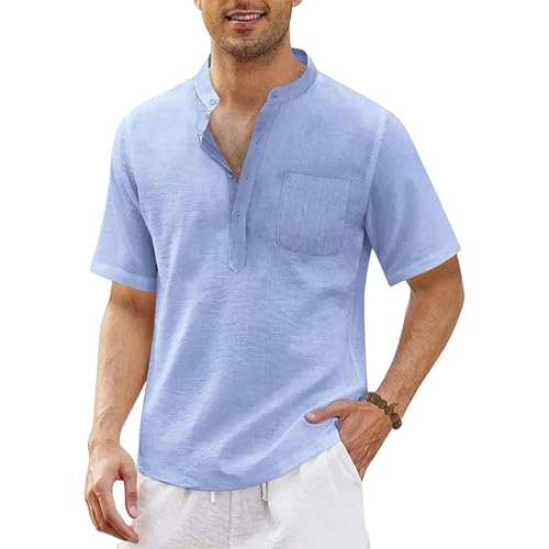 CHQS T Shirt Herren Summer Herren-kurzärmeligte T-Shirt-Baumwolle Und Leinen-Freizeit-männer-t-Shirt-Shirt-hellblau-us XL 80-90 Kg von CHQS