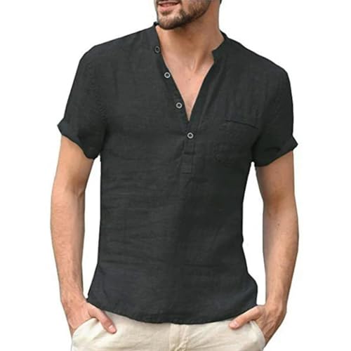 CHQS T Shirt Herren Summer Herren-kurzärmeligte T-Shirt-Baumwolle Und Leinen-Freizeit-männer-t-Shirt-Shirt-schwarz-us 3XL 100-110 Kg von CHQS