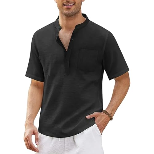 CHQS T Shirt Herren Summer Herren-kurzärmeligte T-Shirt-Baumwolle Und Leinen-Freizeit-männer-t-Shirt-Shirt-schwarz-us M 60-70 Kg von CHQS