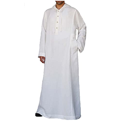 CHUANGFU Herren Hoodie Kaftan Ethnische Roben Muslim Thobe, Herren Kaftan Robe V-Ausschnitt Langarm Baumwolle Streifen Ultra Langes Kleid Thobe S-5XL,Weiß,XL von CHUANGFU