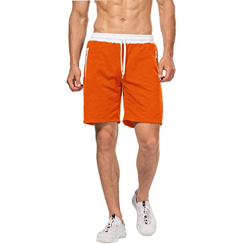 CHYU Herren Sport Joggen und Training Shorts Fitness Kurze Hose Jogging Hose Bermuda Reißverschlusstasch (2XL, Orange) von CHYU