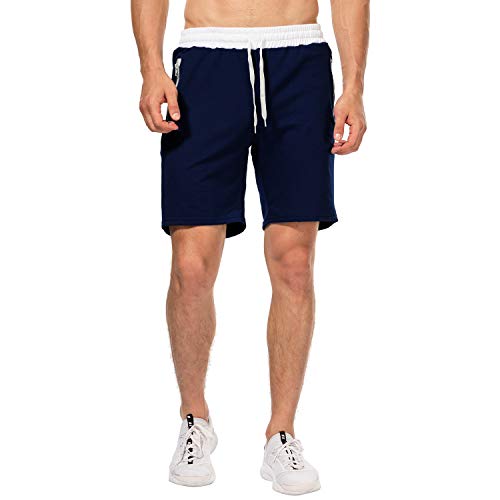 CHYU Herren Sport Joggen und Training Shorts Fitness Kurze Hose Jogging Hose Bermuda Reißverschlusstasch (L, Dark Blue) von CHYU
