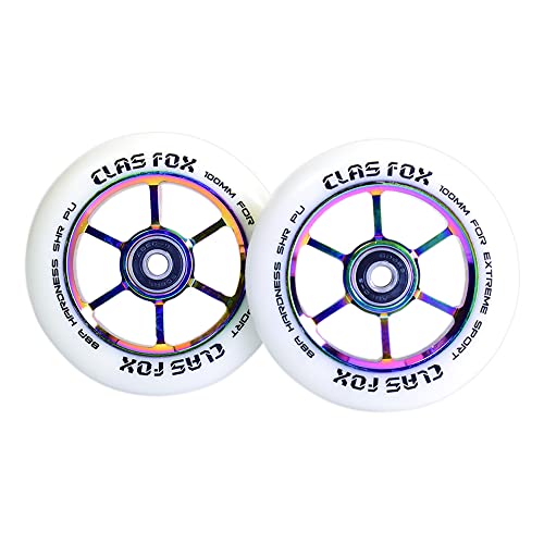 CLAS FOX Pro Stunt Scooter Rollen Roller Räder Wheels 100mm EIN Paar mit ABEC-9 Kugellager CNC Metallkern Graviti (2 stücke) (Weiß-Regenbogen) von CLAS FOX