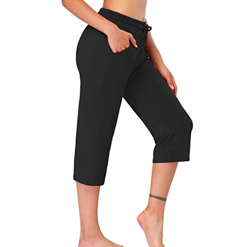 CLSSLVVBN Frauen Yoga Kurze Hose gerade Hose Kordelzug Leggings 3/4 unten Sportbekleidung Sommer Lauftrainingskleidung, Schwarz, XL von CLSSLVVBN