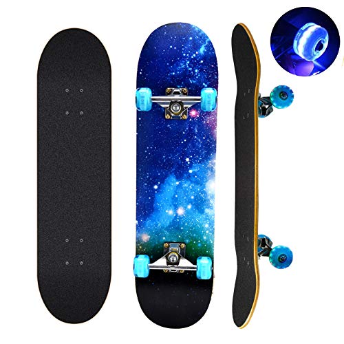 Komplettes Skateboard, 78,7 x 20,3 cm, 9 Schichten kanadisches Ahornholz, Deck-Skateboard mit bunten blinkenden Rädern für Kinder, Jugendliche und Erwachsene (Blau) von CLYCTIP