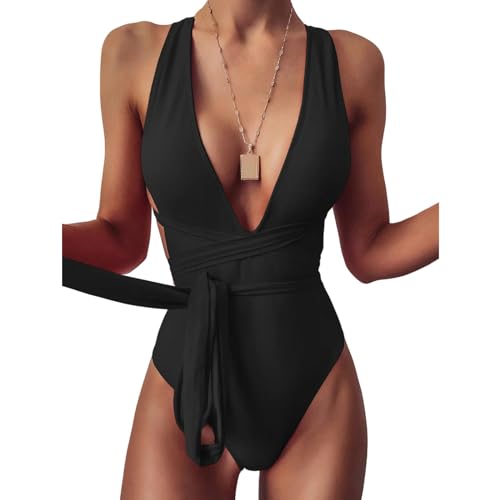CMJSGG Bikini Damen Set Solide One -stück Badeanzug Frauen Drücken Schnürband Bodysuit Deep V Hals Rückenfreier Badeanzug Badebekleidung-schwarz-l von CMJSGG