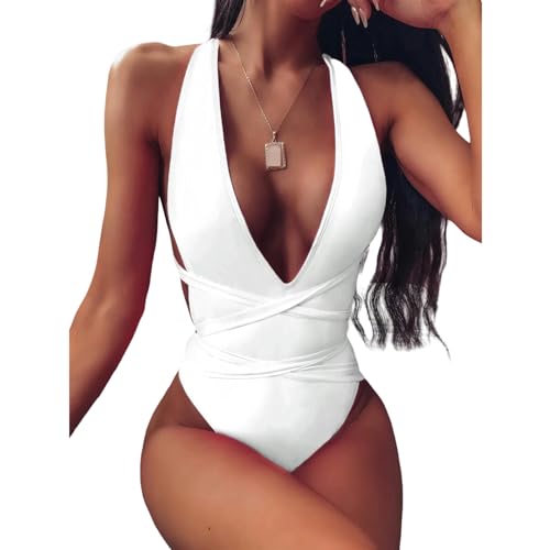 CMJSGG Bikini Damen Set Solide One -stück Badeanzug Frauen Drücken Schnürband Bodysuit Deep V Hals Rückenfreier Badeanzug Badebekleidung-weiß-m von CMJSGG