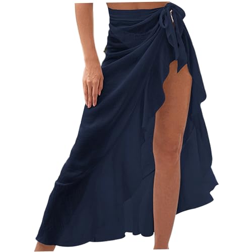 CNAFGBGG 1pc sexy Sarong -Wraps für Frauen, Deck -Rock Rüschen Badeanzug -Wickelrock mit Krawattenseite, Langer Bikini Deck für Strand im Freien Dunkelblau im Freien von CNAFGBGG