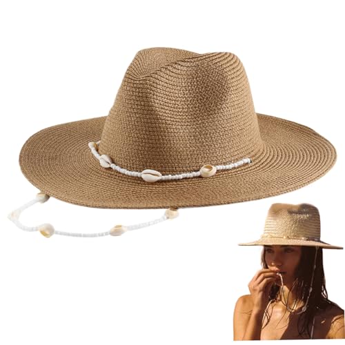 CNAFGBGG Frauen Sonnenhut mit Muschel Perlen Kettenweite Rand Hüte für Frauen Sonnenschutz Strohhut für Sommer Beach Seaside Picknick Camping Wandern, Khaki. von CNAFGBGG