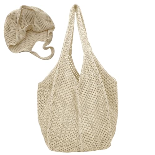 CNAFGBGG Häkeln Strandtasche Mesh Häkelkotasche große Kapazität gewebtes Strand ästhetischer Schulter für Sommerferien einkaufen Beige ... von CNAFGBGG