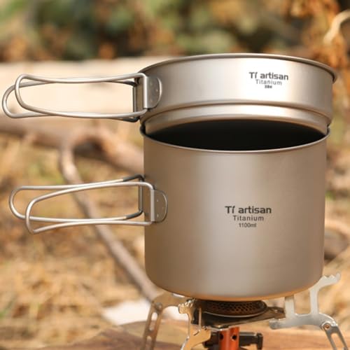 Titan Kochgeschirr-Set für Outdoor-Camping, faltbarer Griff, 900 ml Topf & 350 ml Pfanne (1 1100 ml) von CNANRNANC