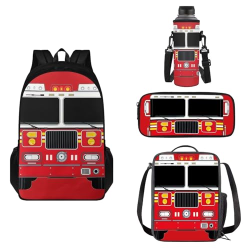 COEQINE Kinder-Rucksack für Jungen von 8–12 Jahren, 4 Stück, isolierende Lunchbox und Federmäppchen, Wasserflaschenetui, Mittelschule, Feuerwehrauto, cooles 3D-Auto von COEQINE