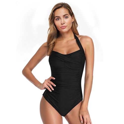 COLseller Bauchkontrolle Badeanzüge für Frauen Push Up Badeanzug mit hoher Taille Einteilige Badebekleidung,Black,L von COLseller