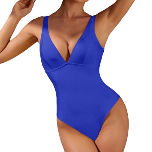 COLseller Damen Einteiler Badeanzüge Bauchkontrolle Badeanzug V-Ausschnitt Vintage Bademode,Blue,L von COLseller
