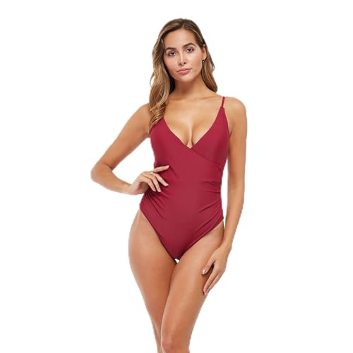 COLseller Damen Einteiler Badeanzüge Sexy V-Ausschnitt Bauchkontrolle Badeanzüge mit hoher Taille Badebekleidung,Red,L von COLseller