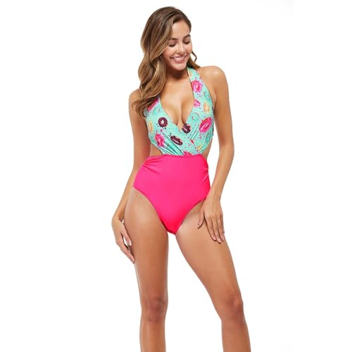 COLseller Einteiliger Badeanzug für Damen Neckholder Bauchkontrolle Badeanzug Ausschnitt Bademode mit hoher Taille,Pink,L von COLseller