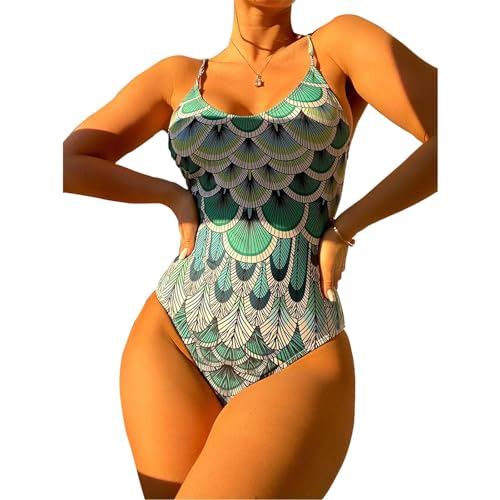 COLseller Frauen einteiliger Badeanzug Bauchkontrolle Abnehmen Badeanzug Vintage Retro Push Up Badebekleidung,Green,S von COLseller