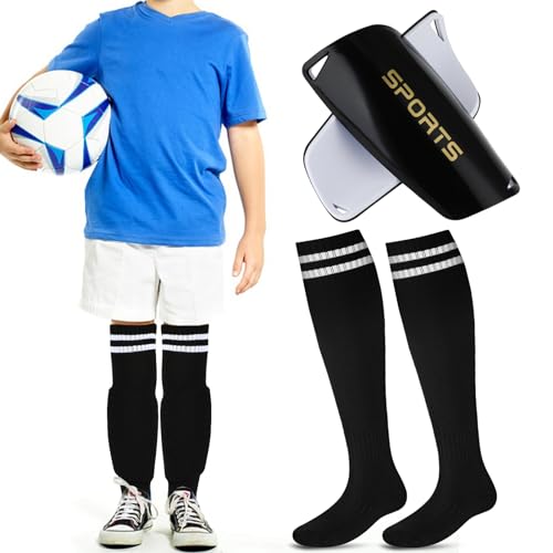 COMNICO Fußball-Schienbeinschoner für Kinder, 2 x Kunststoff-Sportleggings Version Wadenschienbeinschoner und 2 x Kniehohe Fußballsocken für Kinder, Jugendliche, Jungen, Mädchen (Schwarz) von COMNICO