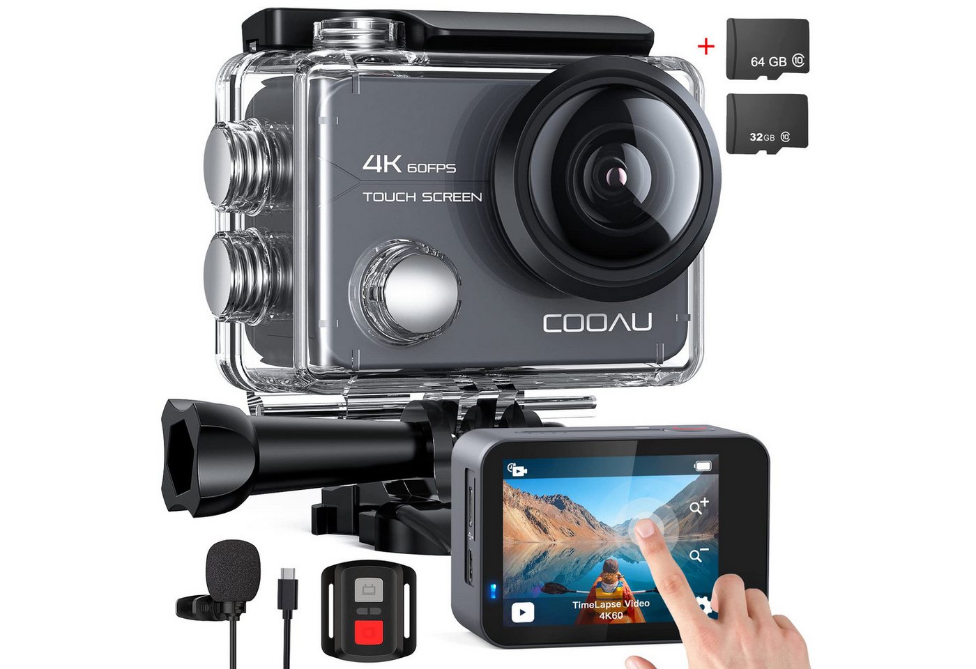 COOAU Action Cam 4K WiFi 20MP Touchscreen 40M Unterwasserkamera Action Cam (4K Ultra HD, WLAN (Wi-Fi), Einstellbar Weitwinkel EIS Actioncam mit 32&64G SD Karte, 6-Achsen-Anti-Shake-EIS, externes Mikrofon, Sport Kamara) von COOAU