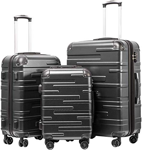 COOLIFE Hartschalen-Koffer Rollkoffer Reisekoffer Vergrößerbares Gepäck (Nur Großer Koffer Erweiterbar) ABS Material mit TSA-Schloss und 4 Rollen (Dunkelgrau, Koffer-Set) von COOLIFE