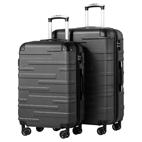 COOLIFE Hartschalen-Koffer Rollkoffer Reisekoffer Vergrößerbares Gepäck (Nur Großer Koffer Erweiterbar) ABS Material mit TSA-Schloss und 4 Rollen (Dunkelgrau, Set-2tlg（L+XL）) von COOLIFE