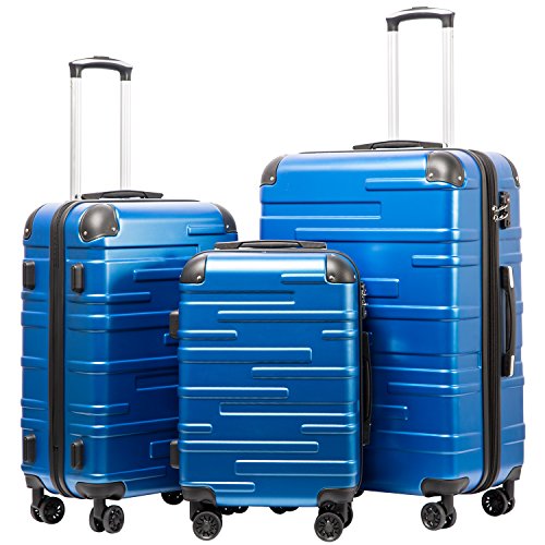 COOLIFE Hartschalen-Koffer Rollkoffer Reisekoffer Vergrößerbares Gepäck (Nur Großer Koffer Erweiterbar) ABS Material mit TSA-Schloss und 4 Rollen (Navy blau, Koffer-Set) von COOLIFE